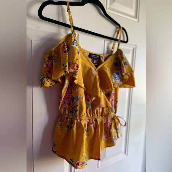 NWOT Golden Yellow Floral Spaghetti Strap V-Neck Ruffle Off The Shoulder Top - Picture 9 of 17